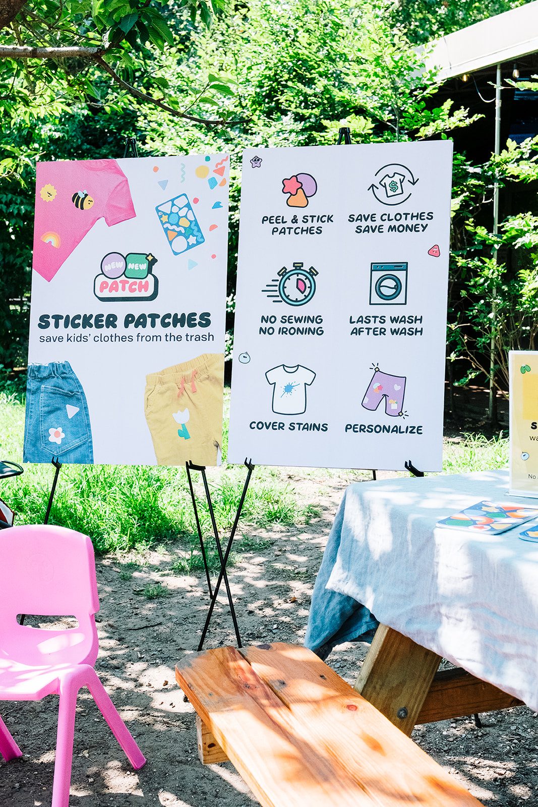 Sticker Patches sign: peel and stick, no sewing, lasts after wash, covers stains, personalise